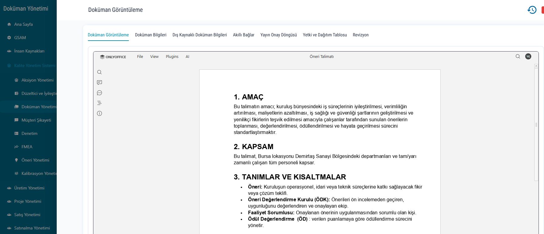 Doküman Yönetimi kayıt listesi, klasör yapısı ve yönetim alanlarını gösteren gerçek uygulama ekranı.